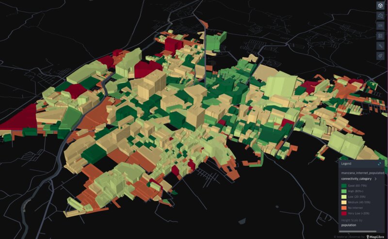 Connectivity in Uriangato from under 20 % (red) to 100 % (green), 3D reflecting population